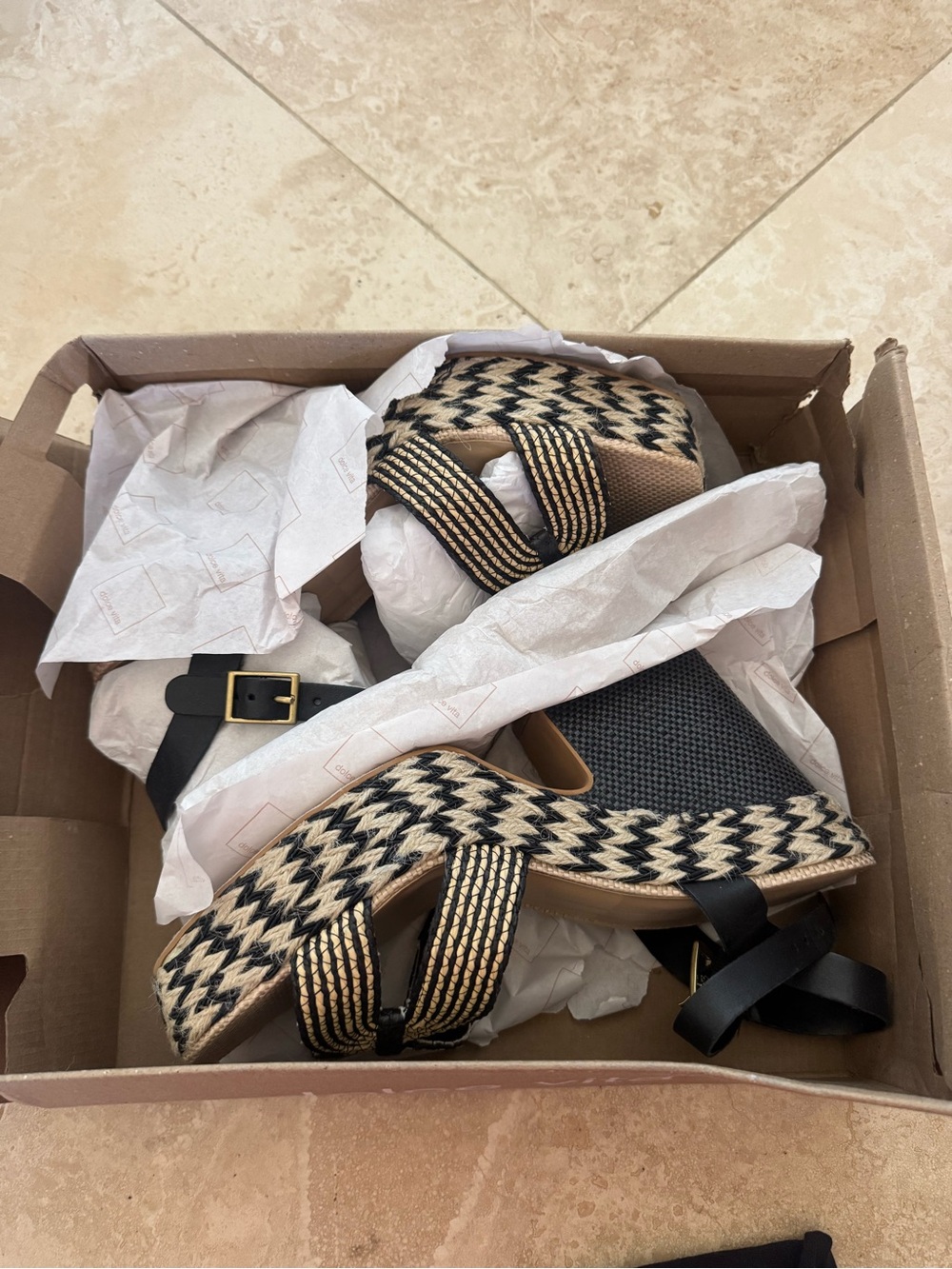 Dolce Vita Black and Natural Woven Espadrille Heels